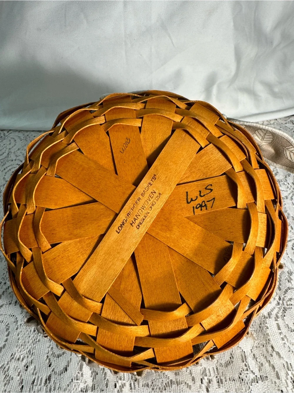 1997 Longaberger Round Woven Basket With Grey Botanical Liner and Plastic Liner